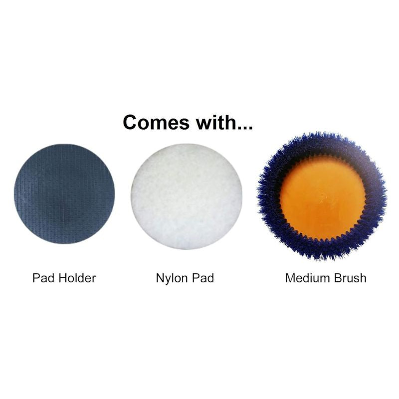 Pad holder, pad, and brush accessories for Bissell BGORB13-KIT1 13” Floor Machine on white background.
