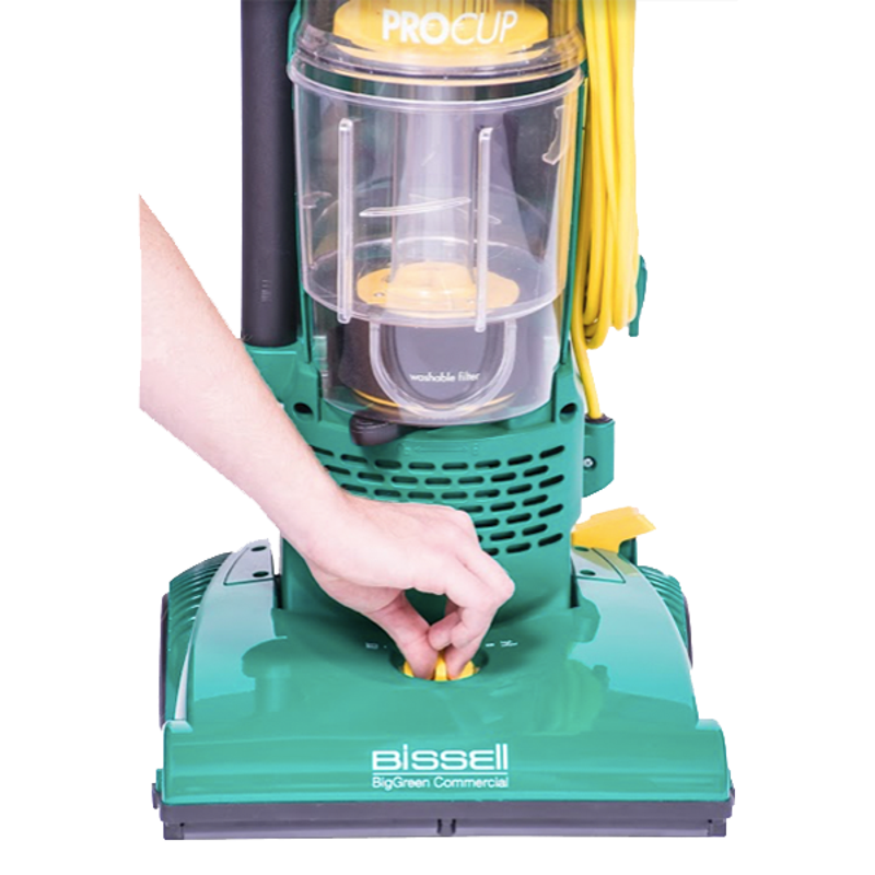 Close-up view of switch on Bissell BGU1937T ProCup Upright Vacuum on white background.