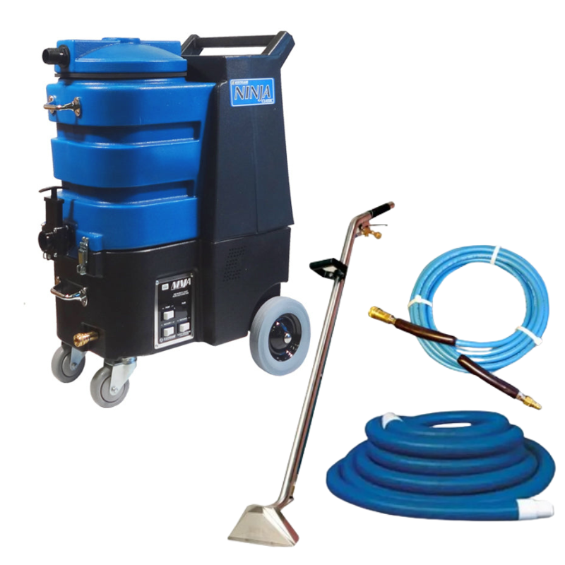 Esteam E1200 hard surface cleaner left side view with vacuum and solution hose and carpet cleaning wand