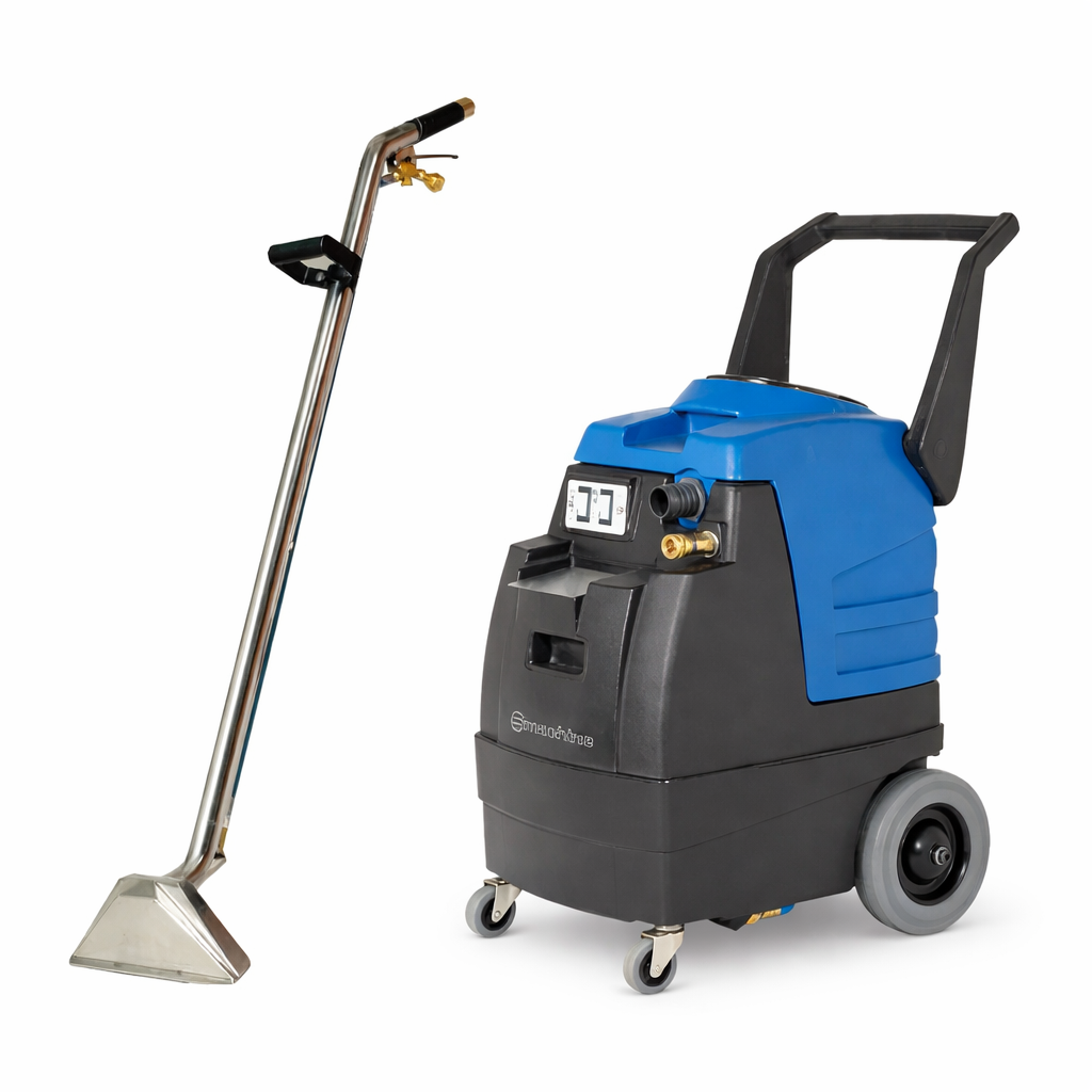 Commercial carpet cleaning machine with carpet cleaning wand on a white background