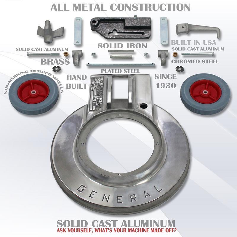 Accessories for the General Floorcraft 20" Floor Machine GVS-20, including all-metal attachments for heavy-duty use.