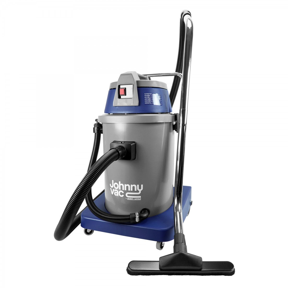 Another full body view of Johnny Vac Ghibli Wet & Dry Vacuum JV400D 10 Gal with brushes and accessories on white background