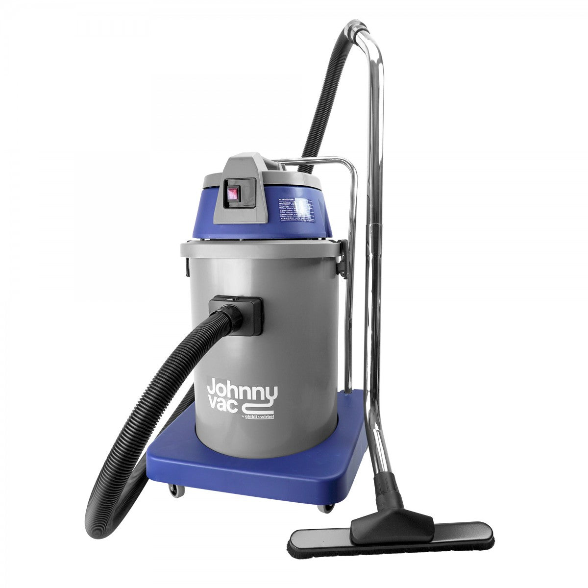 Full body view of Johnny Vac Ghibli Wet & Dry Vacuum JV400 10 Gal with brushes and accessories on white background
