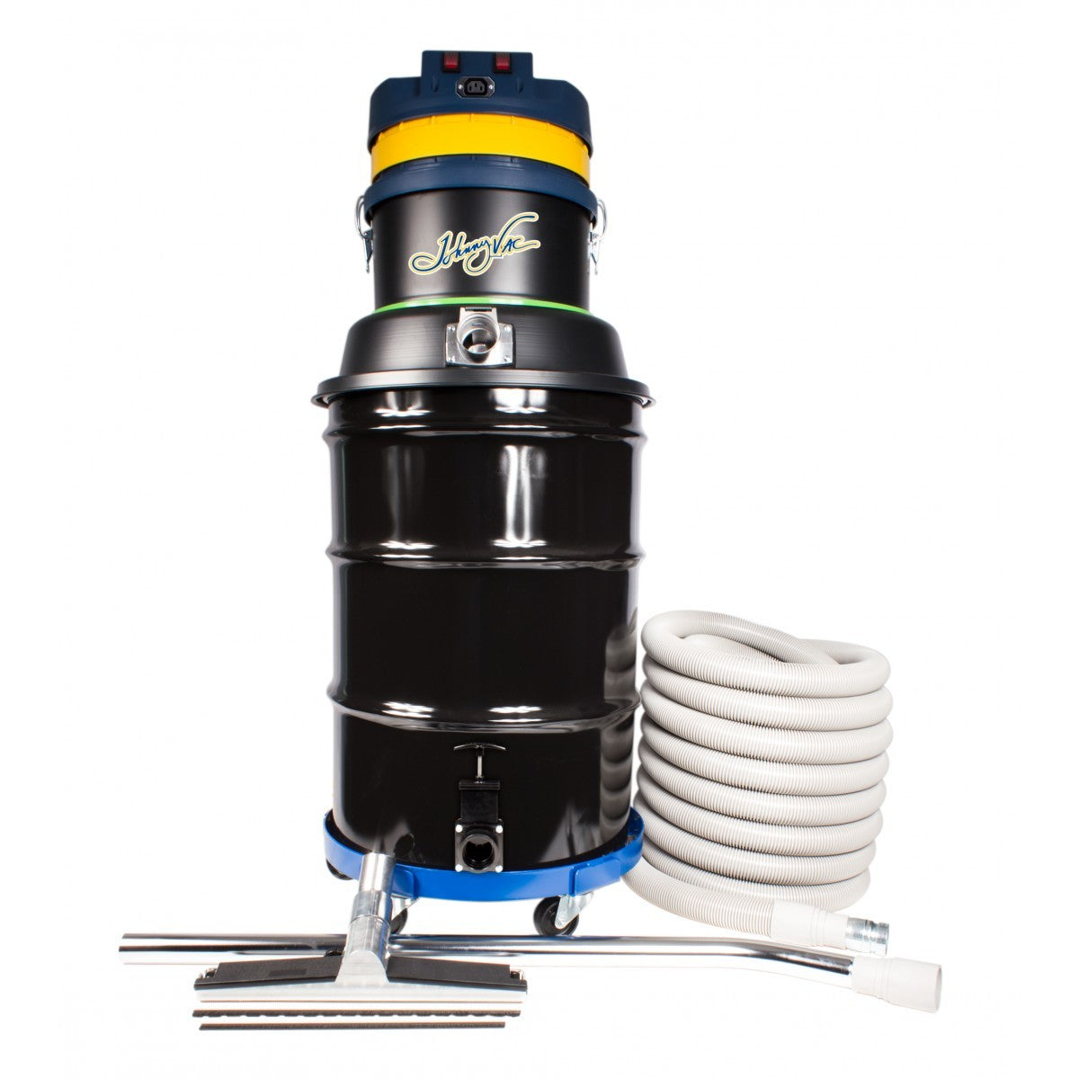 Front view of Johnny Vac Ghibli Wet & Dry Vacuum JV45G with accessories and hose.