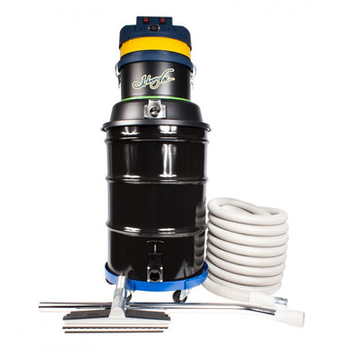 Front view of Johnny Vac Ghibli Wet & Dry Vacuum JV45G with accessories and hose.