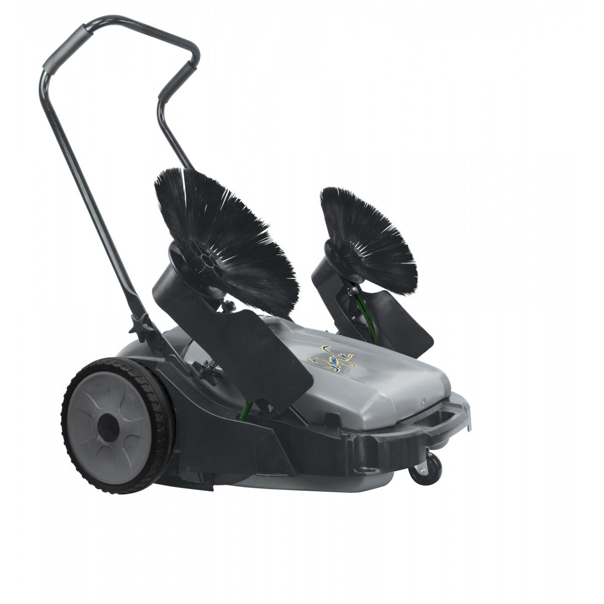 Full body view of Johnny Vac Manual Floor Sweeper JV320 with handle upward on white background