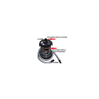 Detailed view of the Johnny Vac Water Recuperator JV090 Chrome Tank, showing the connections labeled for central and suction hose attachments.