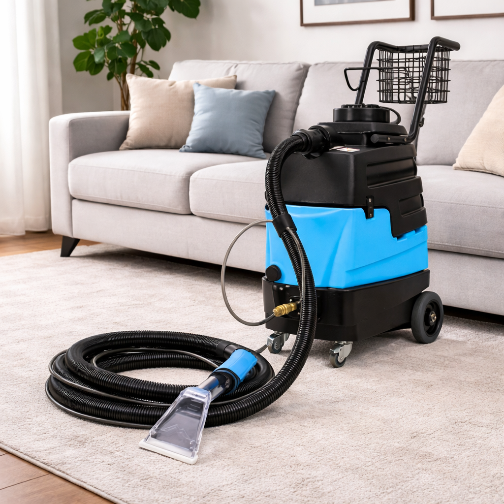 Blue and black carpet cleaning machine on a carpeted floor with a couch in the background.