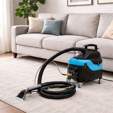 Cleaning machine on a carpet in a living room with a sofa and plant in the background