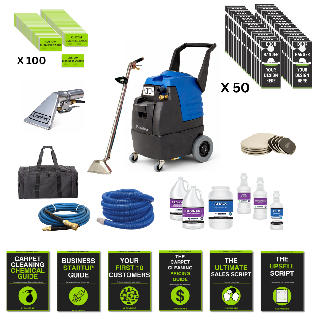 Ninja e600 carpet cleaner with chemicals, hoses, wands and guide books all on white background