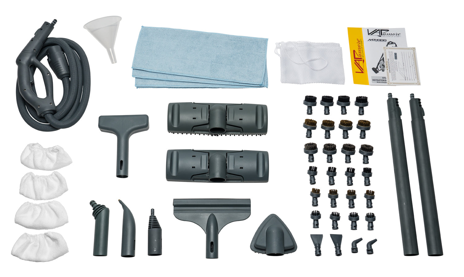 Close-up view of Vapamore MR-1000 Forza Commercial Steamer accessories including various tools.