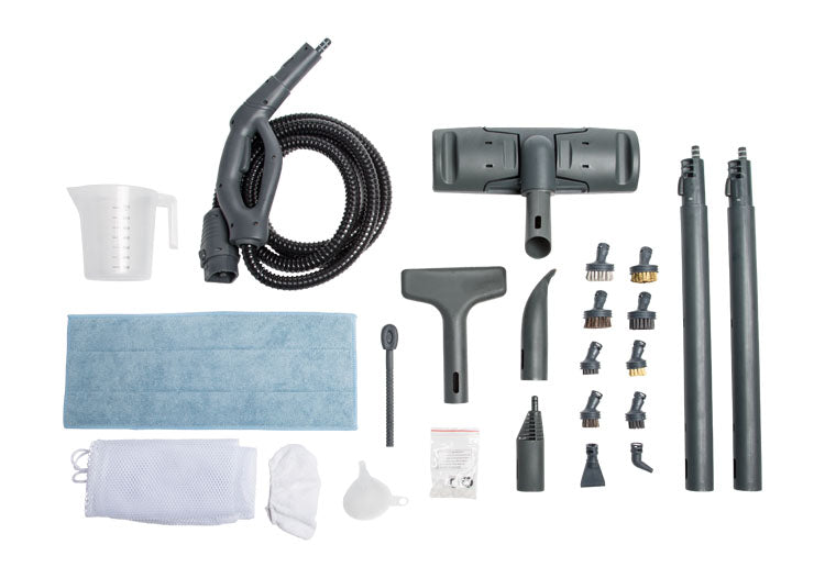 Accessories of Vapamore MR-750 Ottimo Heavy Duty Steam Cleaning System on white background.