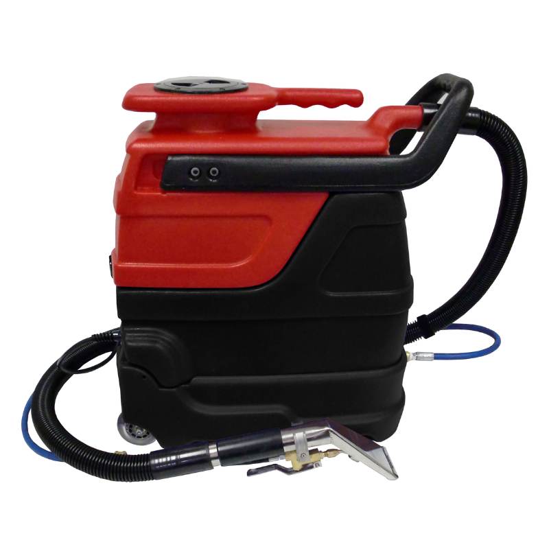 sandia 3 gallon automotive carpet extractor with hoses and hand tool attached on white background