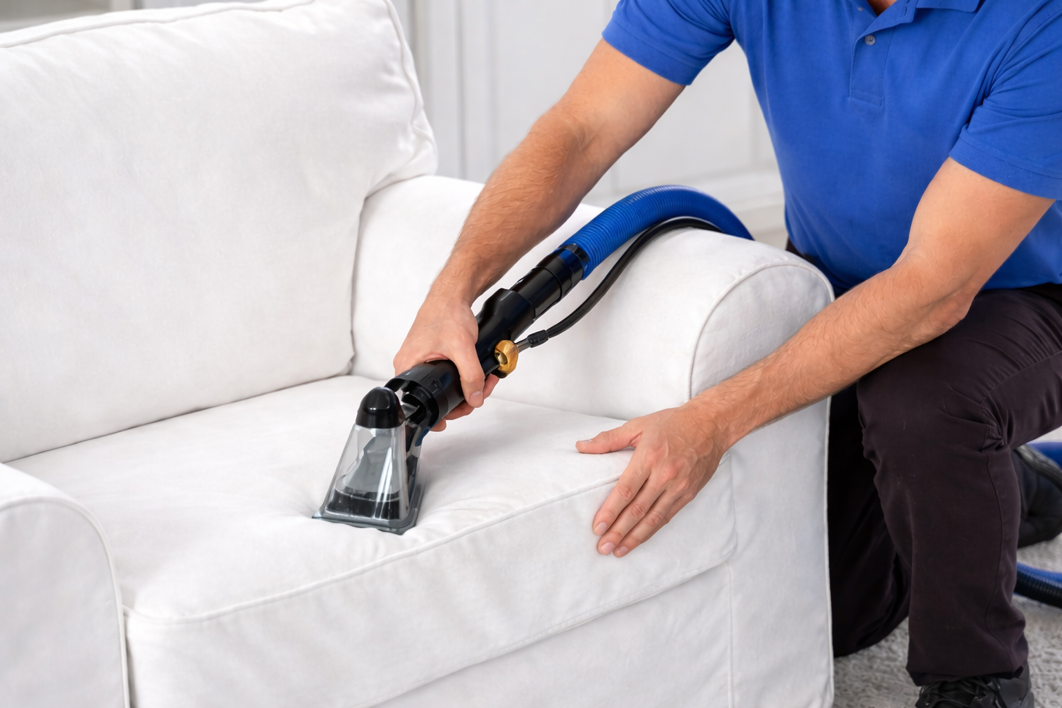 Person cleaning a white sofa with a vacuum cleaner